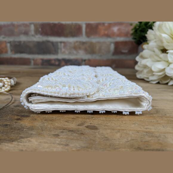 Vintage 60s Seed Bead & Sequin Ivory Floral Satin Clutch Evening Bag Hong Kong - Picture 8 of 10